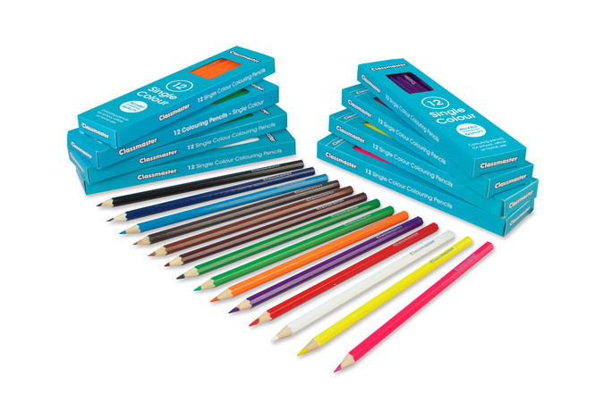 Classmaster Colouring Pencils showing in the variety of colours that are available, including violet, pink, yellow, orange, green and more