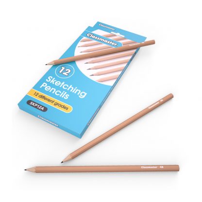 Pack of 12 assorted graphite sketching pencils in a natural finished, pictures with the Classmater branded packaging